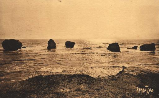La Corniche vendéenne, entre Croix-de-Vie et Sion-sur-Océan : rochers (les "cinq Pineaux" (vues 1 et 2), le "jet d'eau" ou "souffleur" (vues 10, 15 et 26), la "Roche Percée" (vue 22)), étude de vague sur l'océan (vue 25).